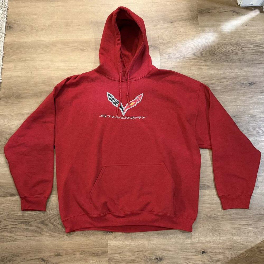 Corvette Stingray Hoodie Men XL Red Gildan Heavy Blend Embroidered Pullover